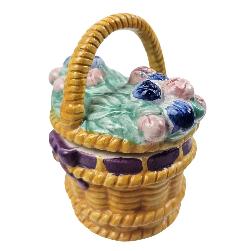 Ceramic Flower Basket Salt and Pepper Shakers Set with Floral Saucer Plate